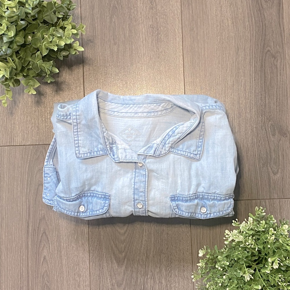 St John’s Bay Long Sleeve Blue Jean White-Washed Shirt, PL